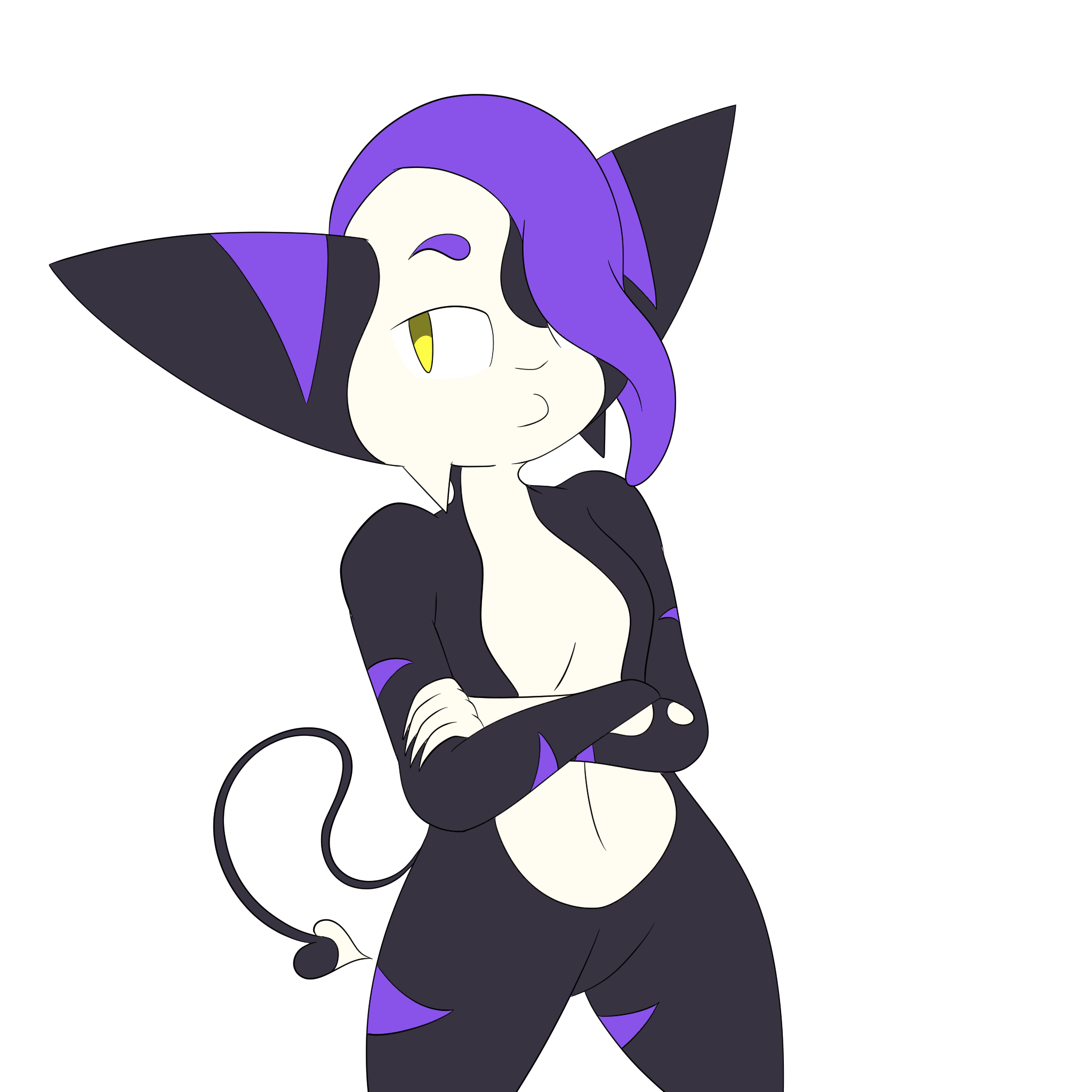 Un diablotin stylisé noir avec accents violets, le style est simple donnant une impression de mignon au diablotin